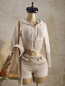 2pcs Women Solid Color Raglan Sleeve Short Hoodie Pullover With Drawstring Travel Light Beige Autumn Everyday Sexy - Multicolor - View 5