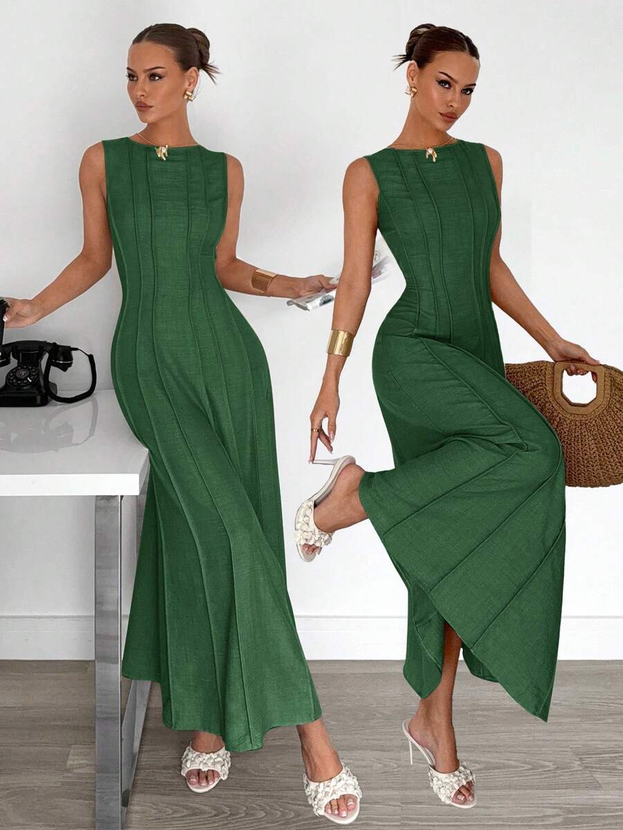 Siren Gaze Women's Army Green Sleeveless Round Neck Maxi Dress With Plicated Woven Fabric Details Casual Flared Long Tank Dress Women Vacation Dress Solid Color Dress Green Maxi Dress Women Ankle Length Dress Summer Holiday Resort - Army Green - View 1