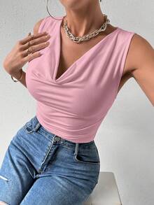 Rafferiza Pink Cowl Neck Ruched Sleeveless Regular Hem Tank Top For Women - Pink - View 5