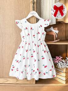 SHEIN Vintaside Kids 1件女童优雅樱桃印花圆领荷叶袖露背蝴蝶结装饰腰部荷叶边下摆休闲连衣裙，适合度假旅行，夏季 - 紅色 - 查看 6