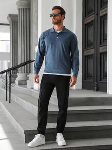 Manfinity Homme 浅蓝色 PL301 插肩袖半开襟纯色休闲舒适透气 Polo 衫 - 藍色 - 查看 3
