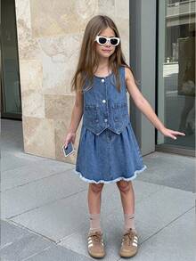 2pcs Tween Girls' Fashion Casual Cute Style Denim Set, Spring/Summer, Loose Fit, Medium Blue Denim, Sleeveless Short Vest + Frayed Denim Skirt, Button Design, Soft & Comfortable Fabric, Suitable For School, Commute, Daily Wear Denim Dress Girls Girls Denim Skirt Dress Girls Summer Denim Dress Denim Dress For Girls