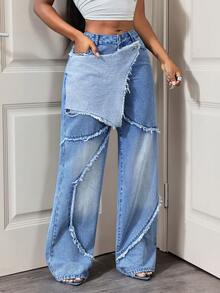 Slaydiva Casual Frayed Hem Patchwork Design Women Jeans - Blue - View 8