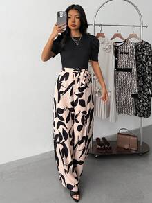 SHEIN 青少年女孩休闲优雅单色印花拼接短袖阔腿连体裤