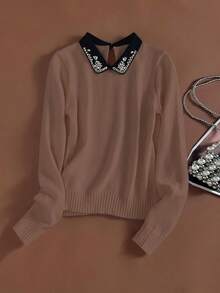 Franclia Áo len dệt kim 2 trong 1 cổ điển thanh lịch có họa tiết kim cương, có cổ, tay dài, mặc thường ngày, trở lại trường, thu/đông - Bụi hồng - Xem 3