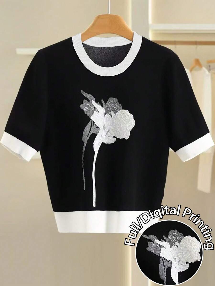 Franclia Áo croptop cổ tròn tay ngắn ôm sát - màu đen - Xem 1