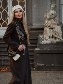 FLORETTA ÉLENA 女士优雅黑色长款大衣，高端收腰刺绣外套，秋冬款 - 黑色 - 查看 7