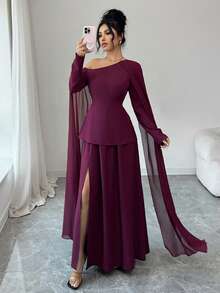 Rafferiza Đầm nữ thanh lịch, thường ngày, dự tiệc, trà chiều, màu đỏ rượu vang, cổ bẻ chéo, tay dài xòe rộng, chất liệu chiffon xếp lớp 2 trong 1, kiểu dáng lãng mạn, dáng chữ A, trang phục Hồi giáo, trang phục năm mới, trang phục Giáng sinh, trang phục hẹn hò. - Màu Đỏ Sâu - Xem 4