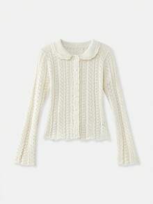 lacRébo Vintage-Strickcardigan in Creme mit Strukturmuster, Rundhalsausschnitt und gewelltem Saum. Damen-Strickoberteil für Frühling und Sommer. Figurbetontes, cremefarbenes Oberteil.