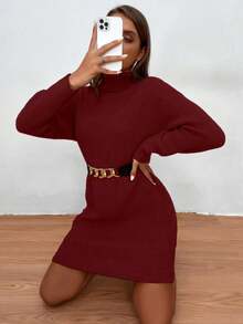 Islaluna Women's Solid Color High Neck Drop Shoulder Long Sleeve Knitted Dress, Autumn/Winter - Rose Red - View 6