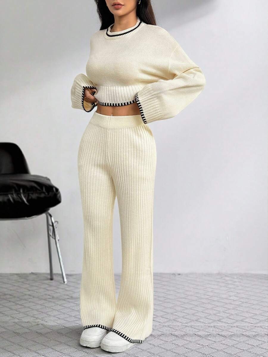SHEIN PETITE Bộ 2 áo len thường ngày cho nữ kèm áo cổ tròn dài tay viền tương phản và quần dài, trang phục mùa thu cho nữ - Màu be - Xem 1