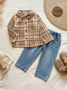 SHEIN Vintaside Kids Baby Boy Spring/Autumn Plaid Collar Long Sleeve Casual Fashionable Shirt Paired With Versatile Washed Denim Pants Set - Multicolor - View 6