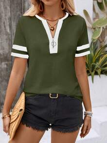 SHEIN LUNE Zipper Half Placket Striped Short Sleeve T-Shirt Graphic Tees Women Tops - Multicolor - View 4