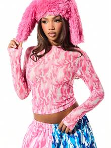 SUMWON WOMEN Áo croptop dài tay in họa tiết rằn ri cho lễ hội và dạo phố thường ngày - Hồng - Xem 1