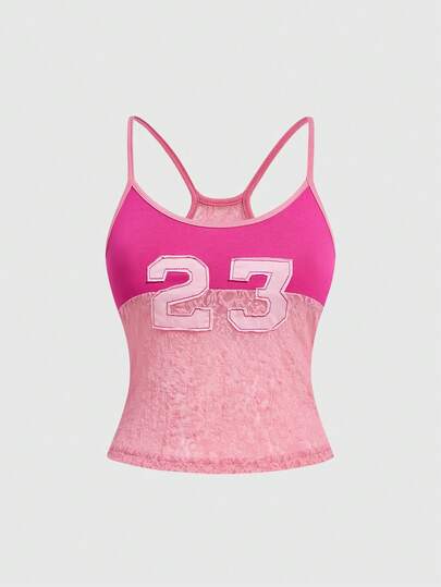 J-Fashion Top de camisola con contraste de encaje, bordado gráfico, estilo Y2K para mujeres