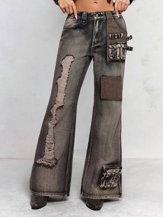 Damen Retro Hippie Stil Jeans mit tiefer Taille und ausgestelltem, zerstörtem Bein