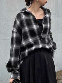 FRIFUL Women's Black & White Plaid Lapel Drop Shoulder Long Sleeve Loose Casual Versatile Shirt, Autumn/Winter - Black - View 5