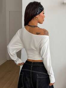 Coolane Winter Going Out Streetwear Casual Vintage Basic Daily Wear Stretchy Comfortable White Asymmetrical Shoulder Long Sleeve T-Shirt,White Top,New Year's Eve - White - View 4