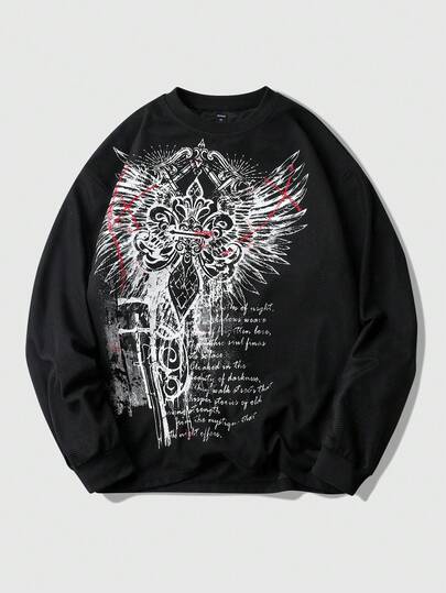 Goth Sudadera con cuello redondo de tela de gofre con estampado de cruz gótica para hombres, adecuada para uso diario, otoño/invierno