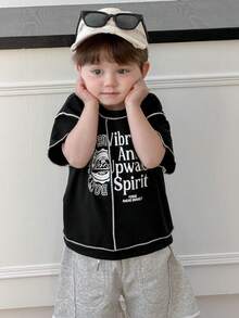 DAZY Baby Boys' Round Neck Quilted English Print Short Sleeve Top Spring Summer - Black - View 5