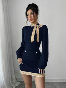 Selianne Women's Contrast Color Sequin Bow Decor Long Sleeve Top And Mini Skirt 2 Pieces Set - Navy Blue - View 4