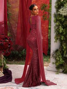 Glamrae 优雅奢华黑色亮片刺绣长袖美人鱼睡袍，后背拉链，性感透视腰部和喇叭褶裥裙摆，适合婚礼、晚宴、正式活动、音乐会和其他场合。 - 酒紅色 - 查看 2