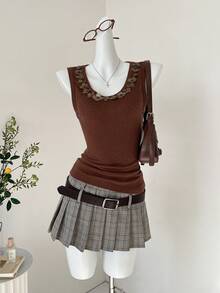 Muvela Fashionable Casual Sequin Round Neck Vest, Elegant Carnival Party, Retro College Style, Suitable For Back To School, Music Festival, Urban Commute, Business - Brown - View 2