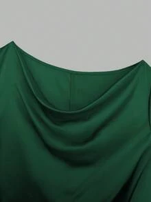 SHEIN LUNE CURVE Plus Size Women's Shiny Fabric Long Sleeve Shirt, Versatile For Commuting, Side Pleated Design With Buttons - Dark Green - View 3