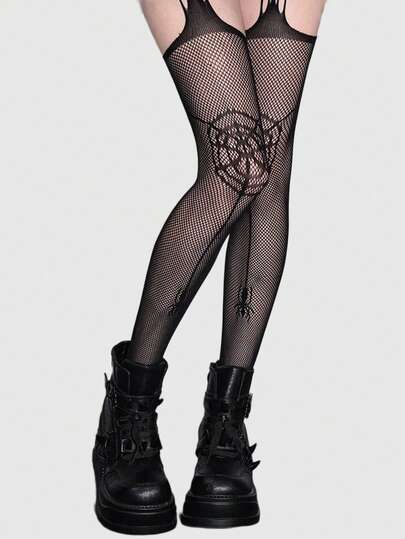 Grunge Punk 1 Paar sexy minimalistische schwarze einfarbige Strumpfhalter, transparente Strumpfhose mit Spinnennetz-Muster, ultra-dünne elastische undurchsichtige Strumpfhose