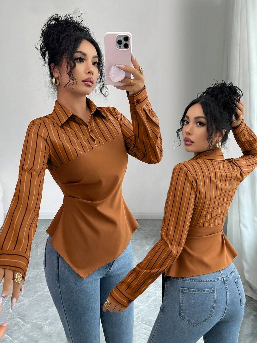 SHEIN Raffinéa Camisa de mujer con diseño de botones con cuello, de estilo de parche a rayas, irregular, con cintura ceñida para estilizar, de manga larga, elegante, casual, cómoda, de trabajo, vintage, de uso diario, para primavera/otoño/invierno - Caqui - Ver 1