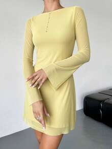 Firerie تنورة قصيرة أنيقة وجذابة للنساء، فستان قصير بخصر مشدود وأكمام واسعة على شكل حرف V، لون أخضر زيتوني - أوزة صفراء - مشاهدة 4