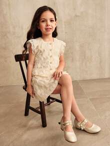 SHEIN 花园女孩韩版时尚花卉贴花盖袖衬衫 + 裙子 2 件套，夏季可爱甜美 - 杏色 - 查看 4