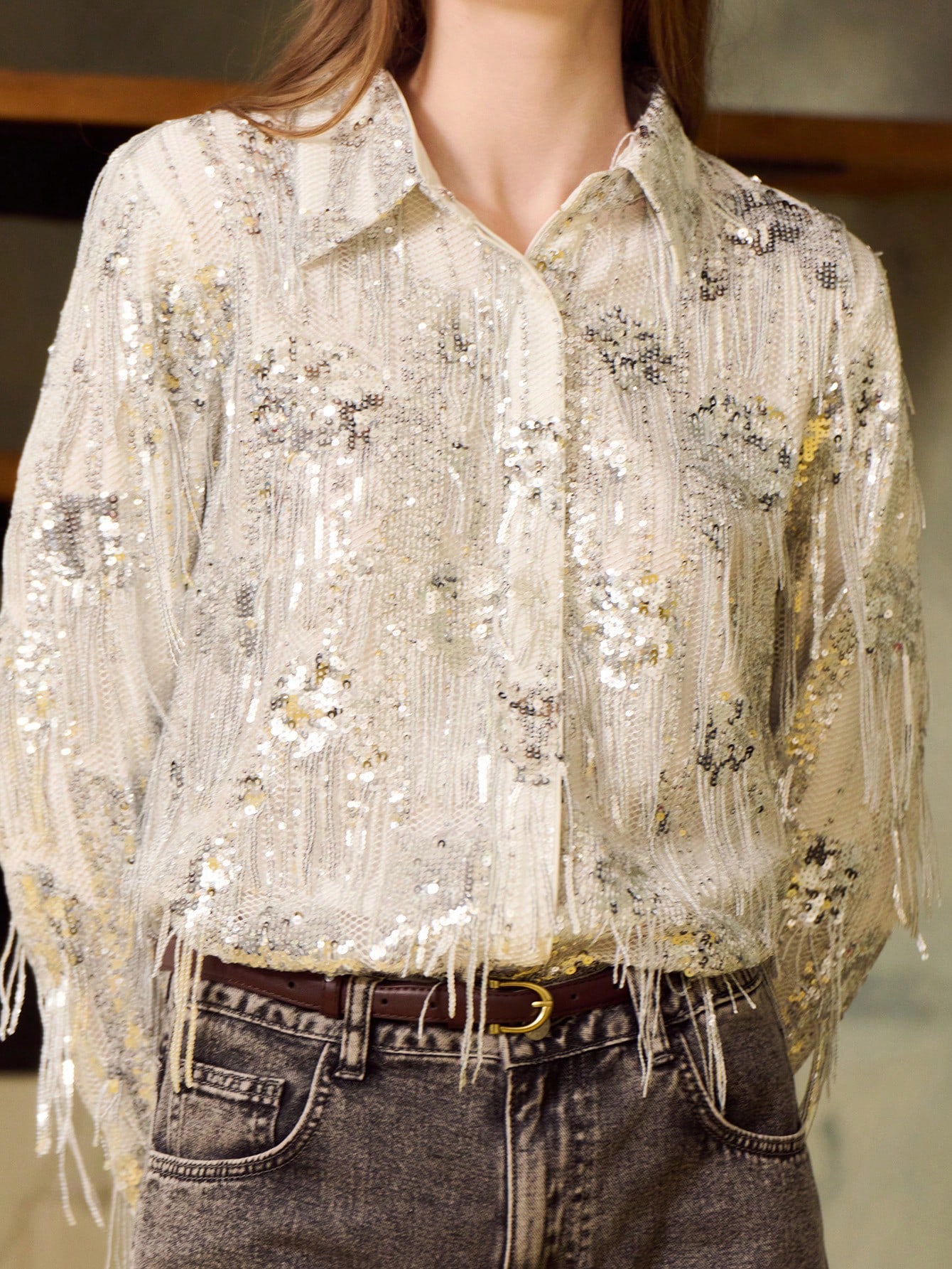 Silver Sequin Fringe Button-Up Shirt With Floral Embellishment Party Look Sequin Shirt Sequin Top Sparky Party Top French Style Parisian Style