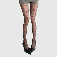 ROMWE Kawaii 1 đôi quần tất nữ họa tiết trái tim bạc, phong cách tối giản, thoải mái cho mọi mùa, mặc hàng ngày. - Đỏ đen 2 - Xem 9