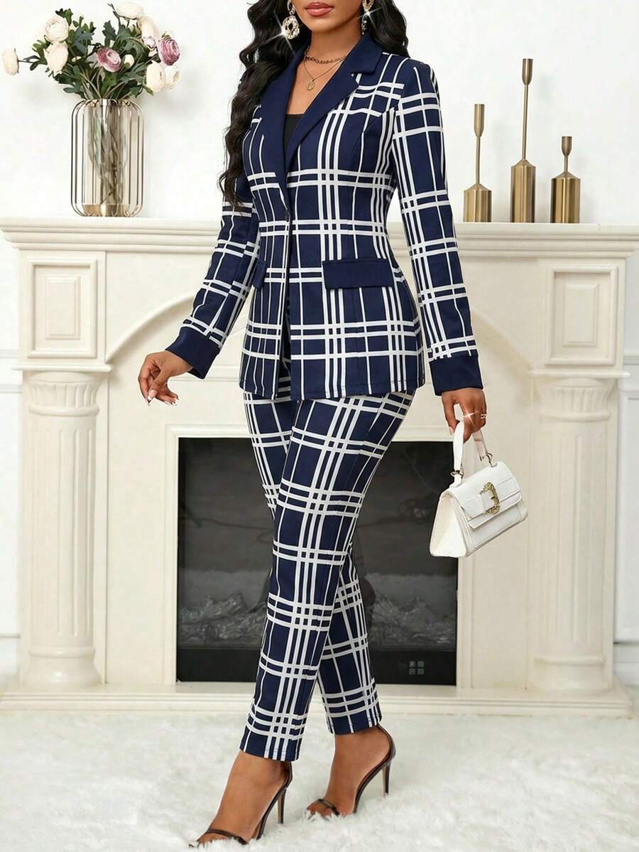 SHEIN Lady 格纹拼接黑色领女式西装外套和西裤，秋冬季日常工作聚会两件套 - 彩色 - 查看 1