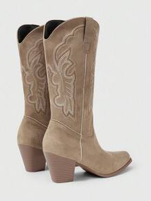 ROMWE Fairycore Botas vaqueras para mujer, botas de tobillo estilo western con bordado de toque único, para uso casual en exteriores, para primavera y otoño, color caqui