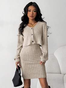 SHEIN Teen Girl Button Front Jacket & Tank Dress - Apricot - View 9