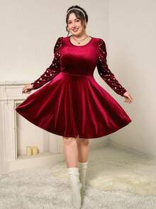 SHEIN Essnce Plus Size Women's Autumn And Winter Fashion Casual High Elastic Comfortable Waist Short Dress, Mother And Children's Clothes,Christmas Outfit For Women,New Year Clothes - Red - View 5