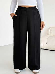 SHEIN Essnce 大码女装春夏时尚休闲宽松舒适日常百搭显瘦纹理面料黑色弹力腰阔腿裤，秋季穿搭，女式下装，简约风格，工作裤 - 黑色 - 查看 6