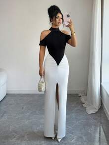 Selianne Summer New Black & White Color Block Design, Sexy High Slit, Off-Shoulder Short Sleeve Ruched Fitted Waist Elegant Dress, Suitable For Party, Gala, Wedding, Valentine's Day - Black and White - View 7