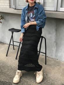 FRIFUL 女款素色休閒通勤百搭裙，適合校園穿搭 - 黑色 - 查看 8