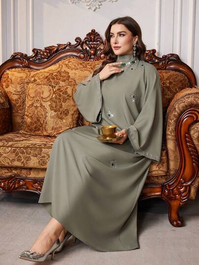 Al Najma Váy Maxi Thổ Nhĩ Kỳ thời trang thanh lịch màu trơn sang trọng tay dài đính đá lấp lánh dành cho nữ cỡ lớn