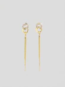 Aloruh 1pair Glamorous Rhinestone & Chain Tassel Decor Drop Earrings For Women For Party - Gold - View 1
