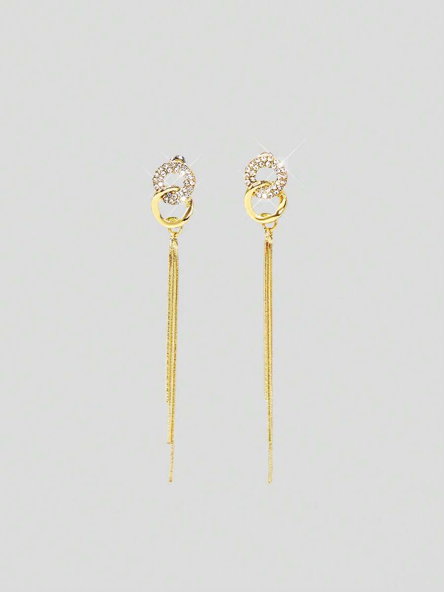 Aloruh 1pair Glamorous Rhinestone & Chain Tassel Decor Drop Earrings For Women For Party - Gold - View 1