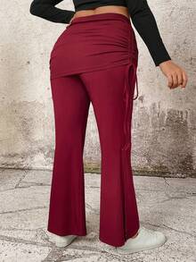 EMERY ROSE Plus Size Women's Solid Color High Waist Side Drawstring Flare Casual Pants, Knit Elastic Lace Up Pants Women Pants Burgundy Pants Red Pants For Women - Burgundy - View 2