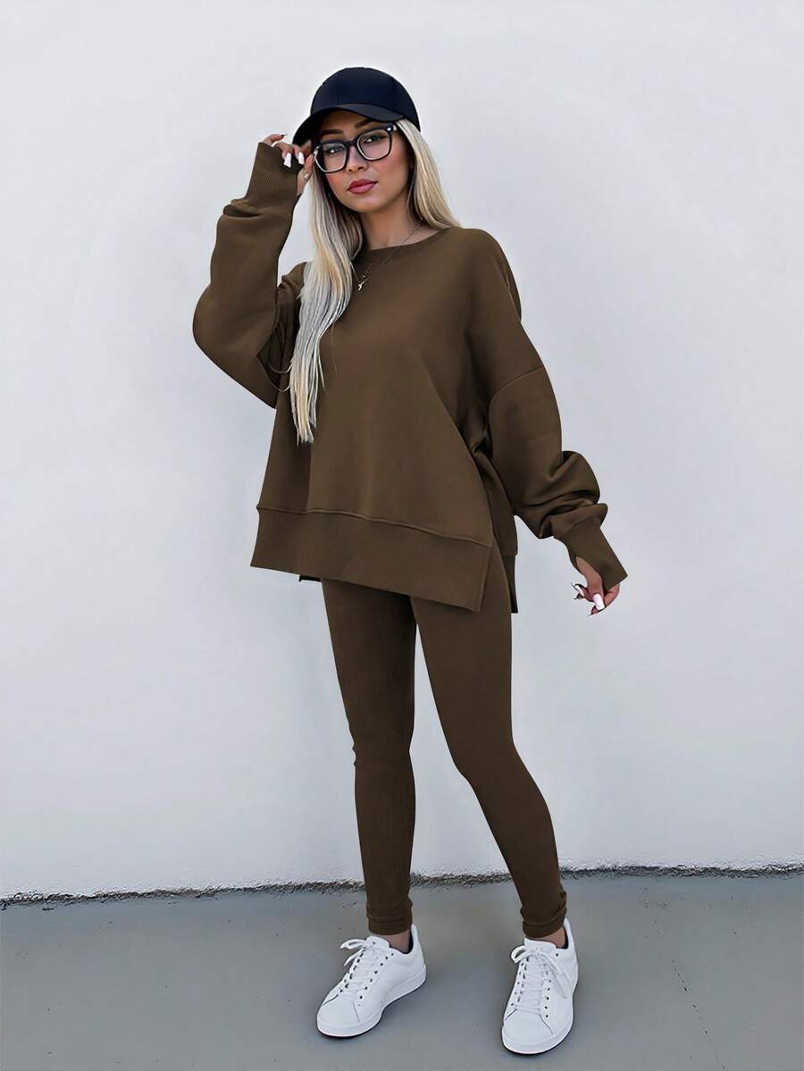 Rina Fox 大码纯色圆领落肩长袖宽松两件套 - 摩卡棕 - 查看 1