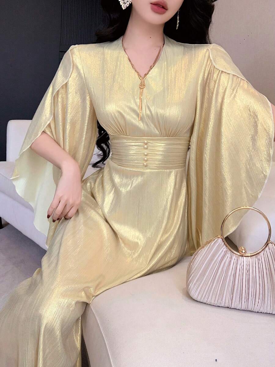 DAZY Women's Solid Color V-Neck Cape Sleeve Cinched Waist Dress Sundress - Gold - View 1