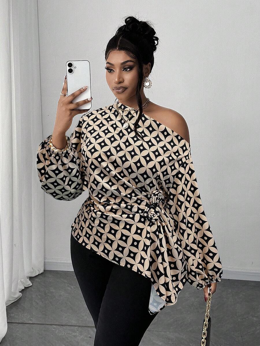 Maweii 大码女式优雅褶皱玫瑰肩部不对称下摆衬衫，简约设计，适合工作场合，春/秋/冬季穿着。 - 彩色 - 查看 1