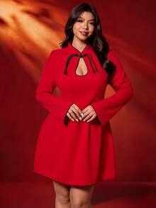 Vionelle Vestido de Festa Novo de Outono/Inverno para Mulheres Plus Size, Vestido Curto Evasê com Cintura Recortada em Bloco de Cores, Vestido de Manga Longa, Vestido de Gola Alta, Vestido Elegante e Romântico, Vestido de Ano Novo - Vermelho - Visão 10