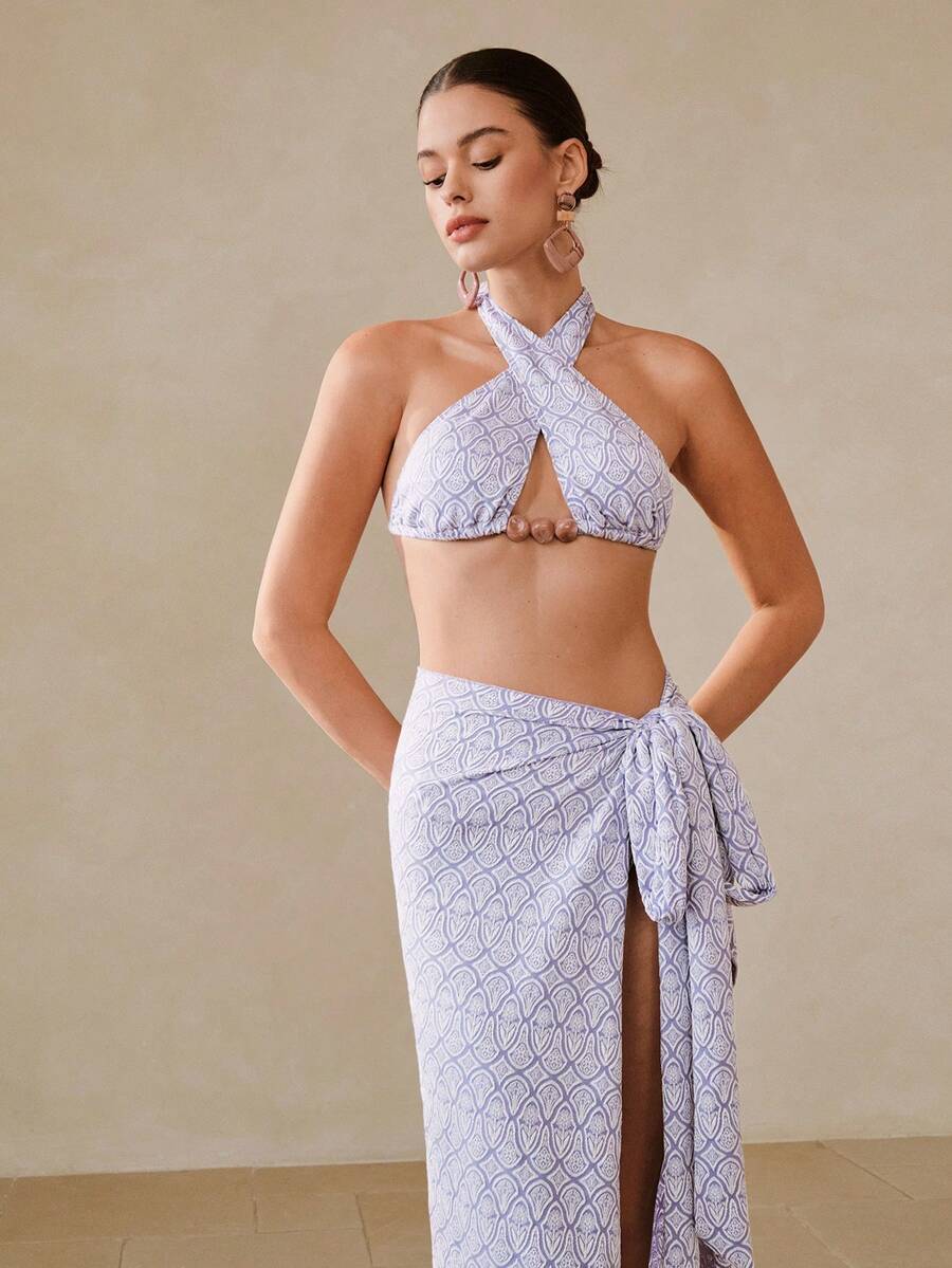 Swim Oasis Bộ 3 món đồ bơi hở lưng gợi cảm đi biển mùa hè kèm chân váy maxi buộc dây - Màu tím - Xem 1
